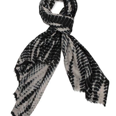 Luxurious Merino Wool & Silk Scarf - White and Black Tie Dye (SKU0011-3)
