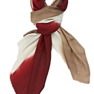 Super Fine 100% Cashmere Scarf - Red, White and Brown Dip Dye (SKU0016-1)