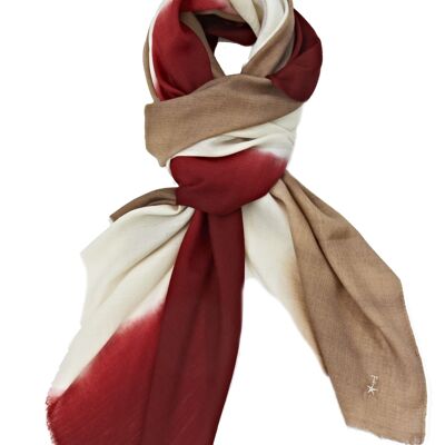 Luxurious Merino Wool & Silk Scarf - Red, White and Brown Dip Dye (SKU0016-3)
