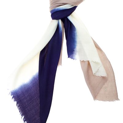 Luxurious Merino Wool & Silk Scarf - Blue, White and Taupe Dip Dye (SKU0018-3)