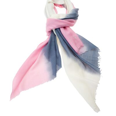 Luxurious Merino Wool & Silk Scarf - White, Blue and Pink Dip Dye (SKU0024-3)
