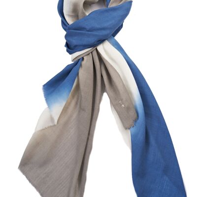 Luxurious Merino Wool & Silk Scarf - Blue, White and Taupe Dip Dye (SKU0031-3)