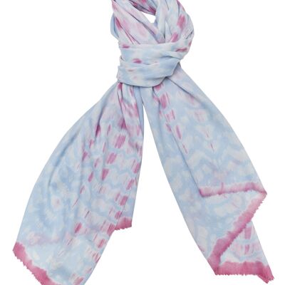 Luxurious Merino Wool & Silk Scarf - Pink, White and Blue Tie Dye (SKU0036-3)