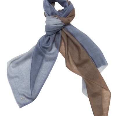 Luxurious Merino Wool & Silk Scarf - Blue and Taupe Dip Dye (SKU0038-3)