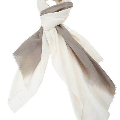 Luxurious Merino Wool & Silk Scarf - White and Taupe Dip Dye (SKU0056-3)