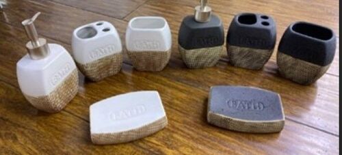 Set of 4 ceramic bath accessories in white-beige  or   black-beige