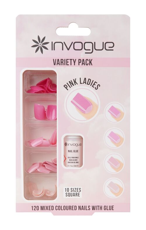 Invogue Pink Ladies Square Nails - Variety Pack (120 Pieces)