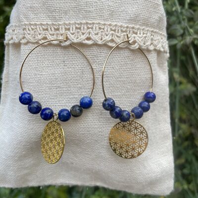 Golden Lapis Lazuli and flower of life hoop earrings