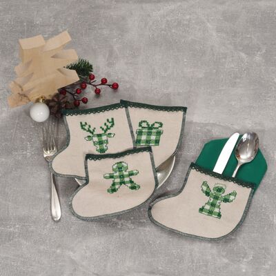 Green Christmas Plaid Motifs Cross Stitch DIY Cutlery Sleeve