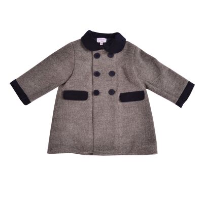 Gray wool coat with navy velvet details