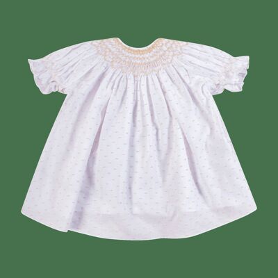 Smocked blouse at the collar and sleeves, organic two-tone sand/white plumetis available in 12M