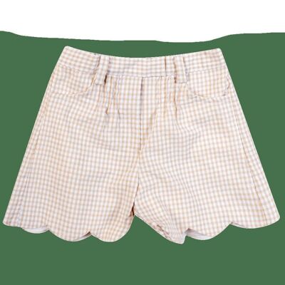 Scalloped shorts, sand oversucker gingham available in 12M