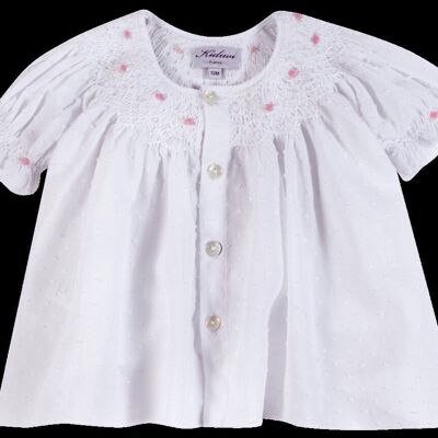 Smocked blouse at the collar and sleeves, organic white Swiss dots