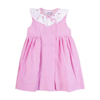 Robe rayée rose col smocké, double boutonnage 2