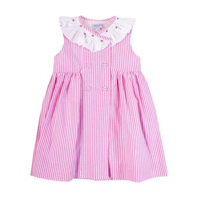 Pink striped dress with smocked collar, double buttoning