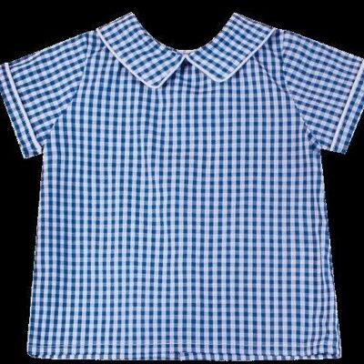 Short-sleeved denim blue gingham shirt, mac milan collar, white piping