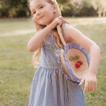 Robe cache cœur en vichy bleu denim, col et buste à volants 24