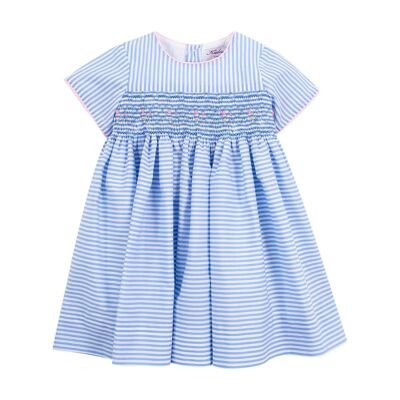 Blue striped smocked dress with pink piping