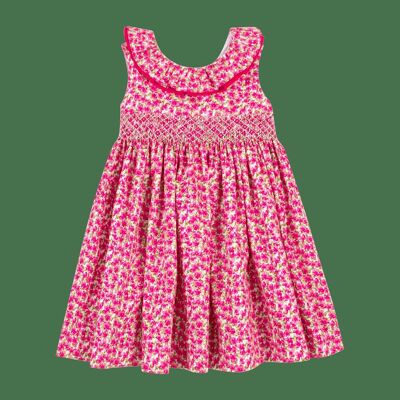 Floral print smocked dress with double ruffled collar