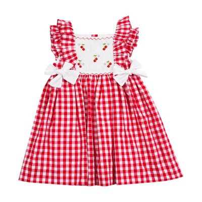 Gesmoktes Kleid mit rotem Gingham-Muster und Schleifen