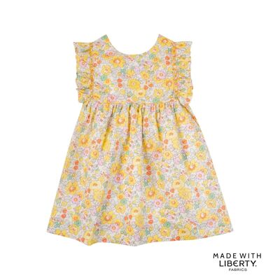 Dress with smocked ruffles, V back, Liberty Betsy pink sun