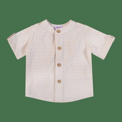 Short-sleeved shirt with Mao collar and coconut buttons, sand gingham oversucker