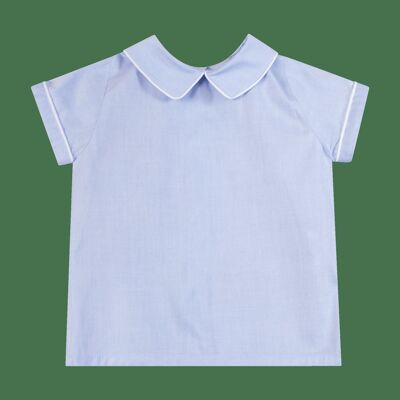 Sky blue chambray short-sleeved shirt, mac milan collar, white piping