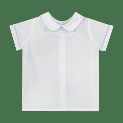 Short-sleeved white shirt, mac milan collar, sky piping
