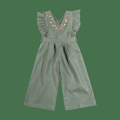 Hand-embroidered girl's dungarees, V-neck and side ruffles, Khaki linen available in 12M and 8Y