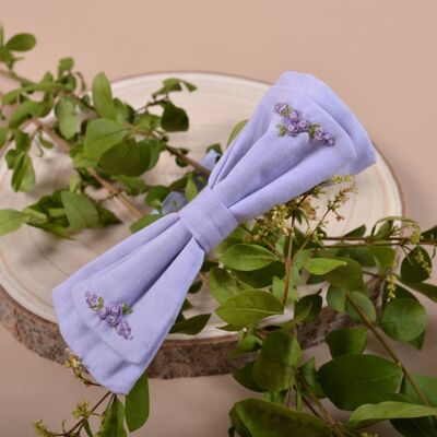 Hand-embroidered bow headband, lilac chambray