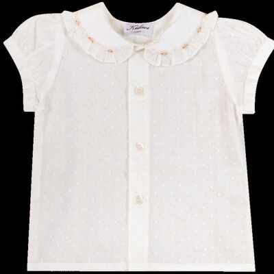 Organic off-white dotted Swiss shirt, Peter Pan collar with smocks