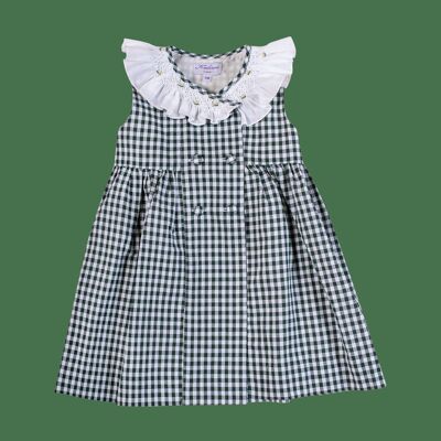 Wrap dress in khaki gingham, double-breasted, smocked flounce collar