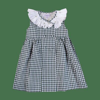 Wickelkleid aus khakifarbenem Gingham, zweireihig, gesmokter Volantkragen