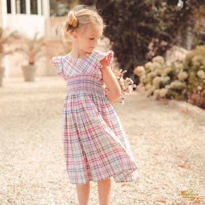 Square-neck dress with side ruffles in multicolored gingham