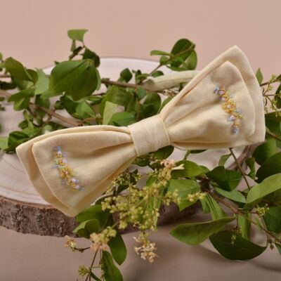 Hand-embroidered bow headband, yellow oxford