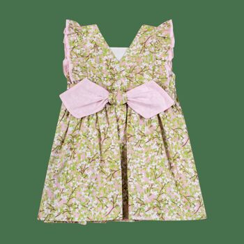 Robe smockée à la taille, volants côté, dos V, Imprimé rose fleurs de cotons 28