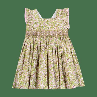 Smocked dress at the waist, side ruffles, V back, Pink cotton flower print