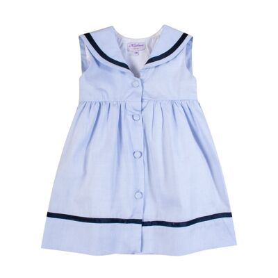 Sky chambray dress, open in front, sailor collar