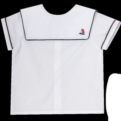 Handbesticktes Hemd mit eckigem U-Boot-Ausschnitt, weißer Popeline und marineblauen Paspeln