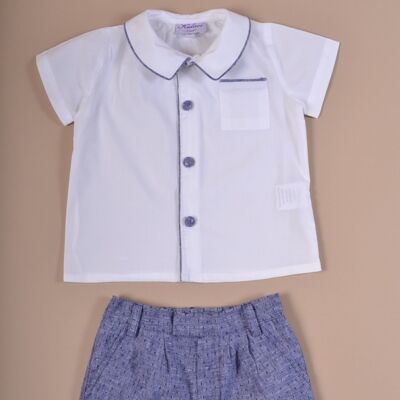 Boy's white shirt boy's set, piped in navy speckled linen and ADAM shorts available in 6M