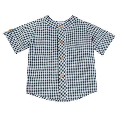 Short-sleeved shirt with Mao collar and coconut buttons, khaki gingham