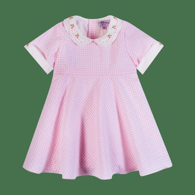Bell dress in pink oversucker, double scallop collar embroidered with cherries