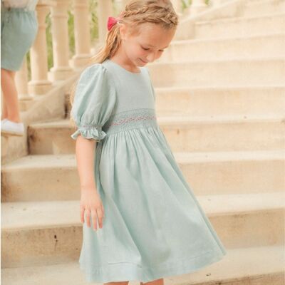 Mint linen dress, smocked waist and sleeves