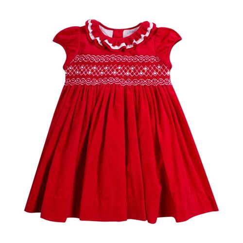 Robe en velours côtelé rouge smocké.  Dernière taille 12M