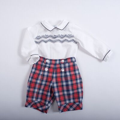 Ensemble smocks garçon en tartan rouge.  Dernière taille 6M