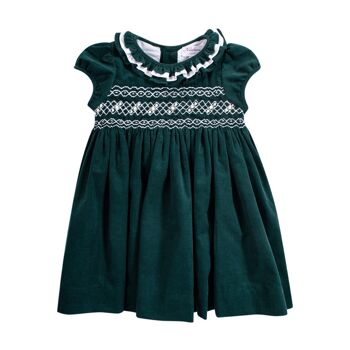 Robe en velours côtelé de pin vert smocké.  Dernières tailles 12M, 3A 6