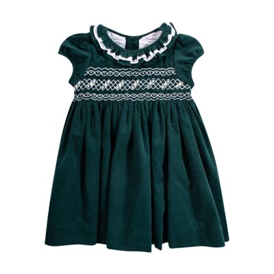 Smocked green pine corduroy dress. Last sizes 12M, 3Y
