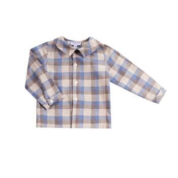 Chemise garçon tartan bleu, manches longues avec col mac milan 4