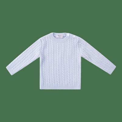 Himmelblauer Zopfstrickpullover aus 100 % Wolle