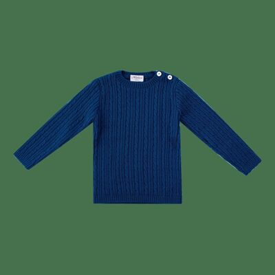 Entenblauer Kabelstrickpullover aus 100 % Wolle